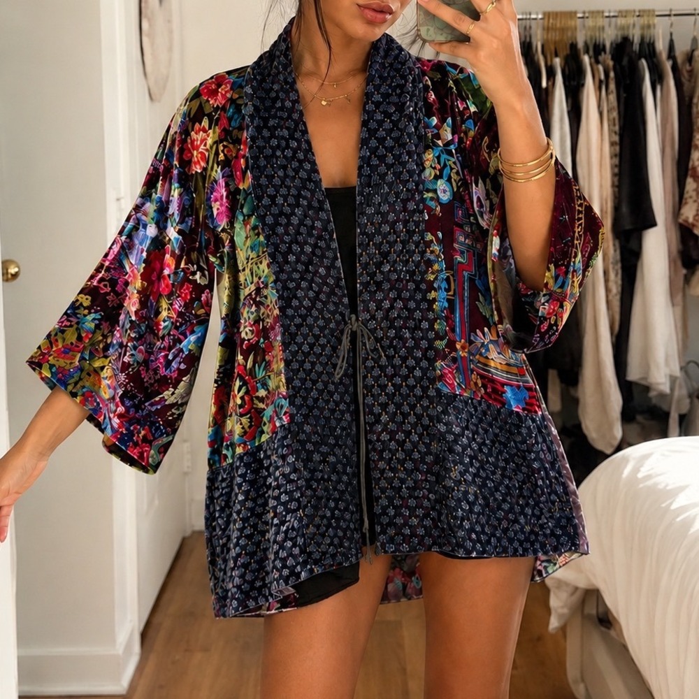 Johnny Was Silk Velvet Floral Patchwork Burnout Kimono Cardigan Purple M boho